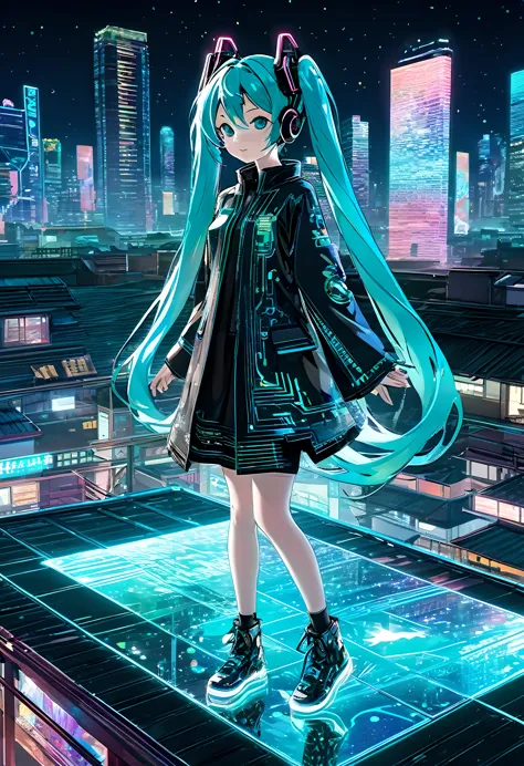 Person Standing on the Rooftop, (Transparent Hologram Woman, Holographic Projection:1.3), (transparent Hatsune Miku standing on ...
