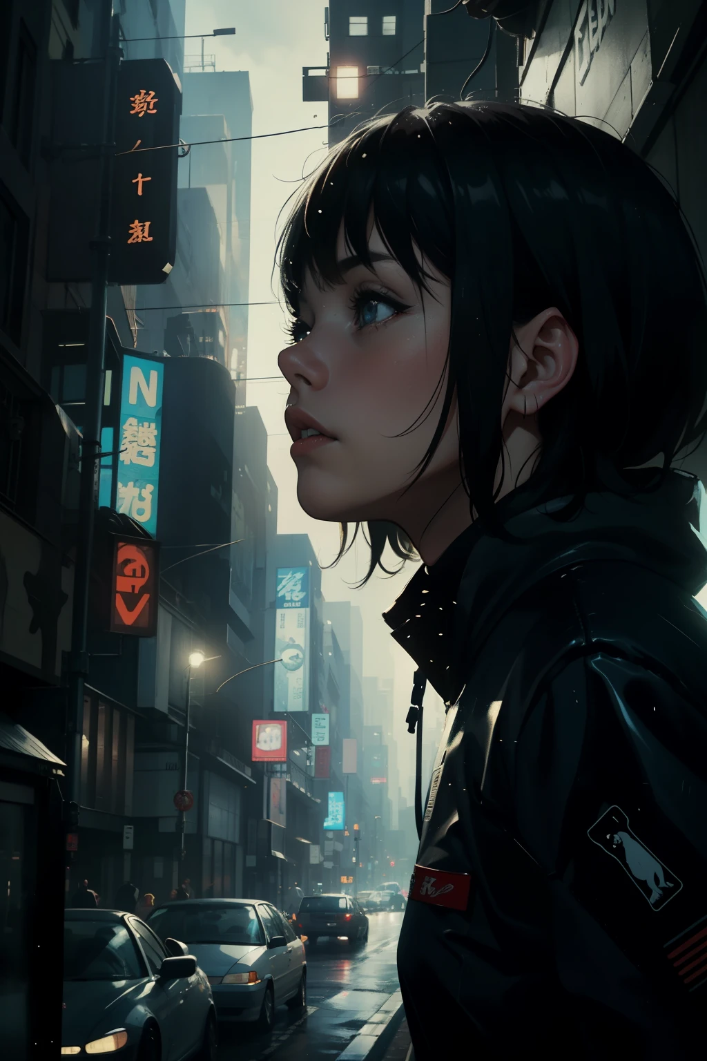 ((mais alta qualidade)), ((obra de arte)), (estar familiarizado com), (alta definição), (preciso), (realista), (Cinematic), (Melhor sombra), (baixo contraste), (8K), Rosto Perfeito, ((Estilo Syd Mead)), manga、design de mangá、Roteiro、Divisão de quadros、1 fêmea, Cabelo preto, cabelo muito curto, ((olhos azuis)), (Replicante), (em fuga:1.2 )、Vestindo uma capa de chuva com capuz、olhos vazios、(Travessia embaralhada), Sendo perseguido pela polícia、O carro está atolado、congestionamento, congestionamento, Cidade do futuro decadente, NEO TÓQUIO, A.D.2051, (vapor:1.2), Está chovendo branco, noite, (Close do rosto)、tiro no busto