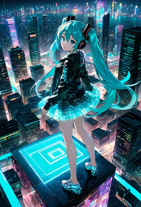 (People standing on rooftop: 1.3, at helipad on top of skyscraper), (transparent hologram woman, holographic projection on rooft...