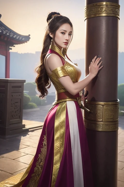 (杰作，高清，超现实的、数字艺术:1.2)、美丽的女战士，三国，漂亮的眼睛和脸，高个子女人，中国勇士，hanfu、(持剑的动态姿势:1.2)、一般气质，高个子女人，强健的身体，宽屁股，裂解、在中国古城堡的门前、全身肖像
