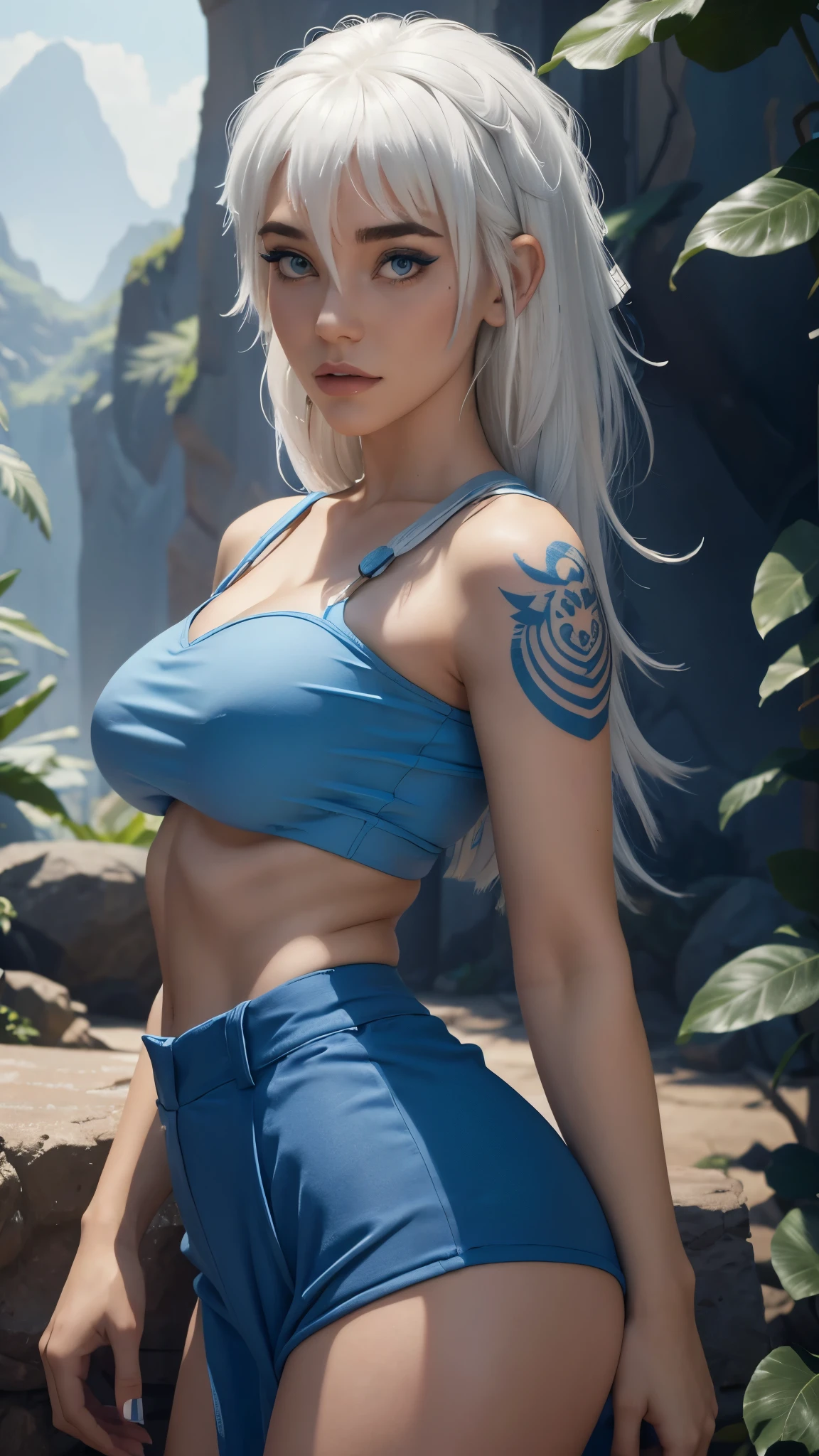 Kida disney, white hair. low-cut and fitted blue clothes. Tattoos. Busty. Back pose