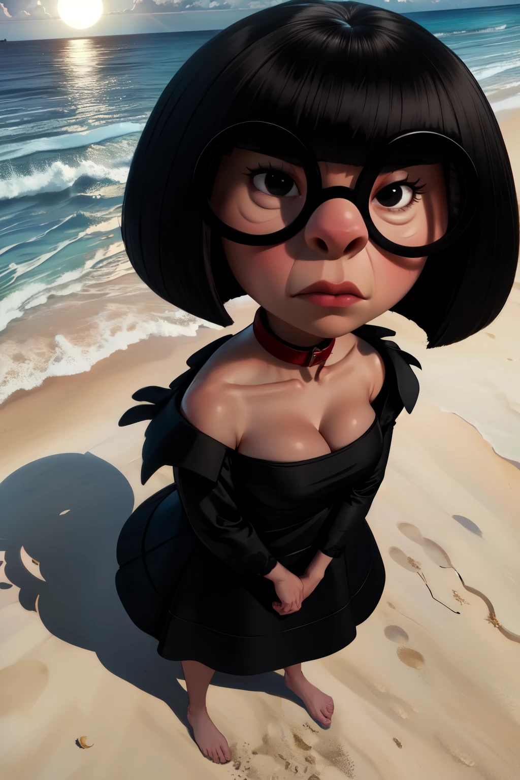 Edna, black bob cut,round black-framed eyewear,black eyes,blunt bangs, solo,  
full body photo,   standing,  cleavage,  full body photo,  black dress with red collar,  
White sandy beach、coconut palms、Ground view、The sun rises in the center、(Photorealsitic:1.4)、(top-quality:1.0)、(超A high resolution:1.0)  
 (insanely detailed, beautiful detailed face, masterpiece, best quality) cinematic lighting, 
 