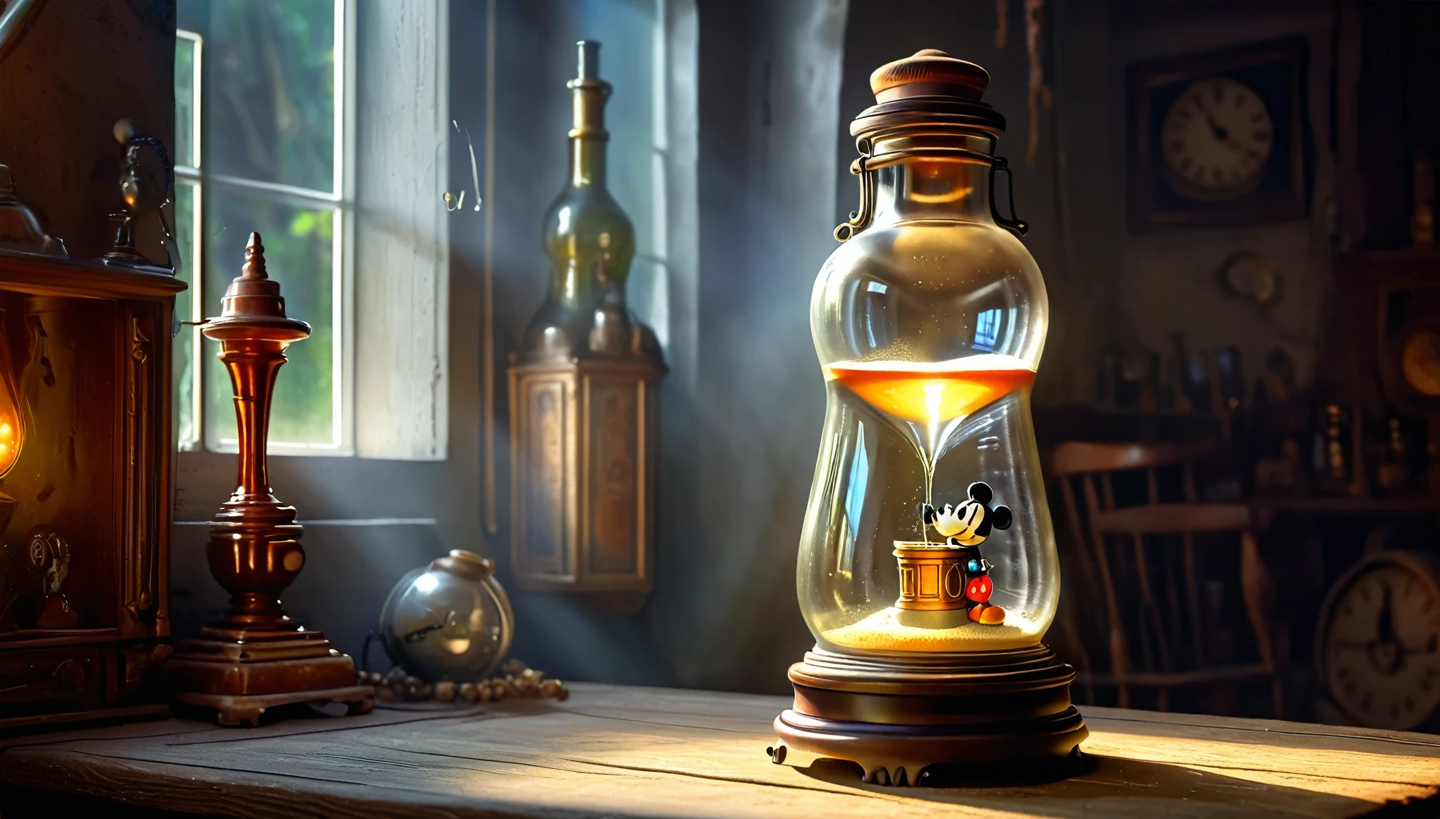 best detail of A realistic miniature. Create an image of Mickey Mouse is create magic by wizard inside vintage hour glass.and him is seated comfortably engrossed in him dragonand the A sand glass is closed with crock and placed on its side on a wooden surface. There’s soft lighting illuminating the scene, creating reflections on the glass of the bottle and casting gentle shadows. against blurred Clock Time in bottle background, 3D photo realistic, 64K UHD with Lux Core Render