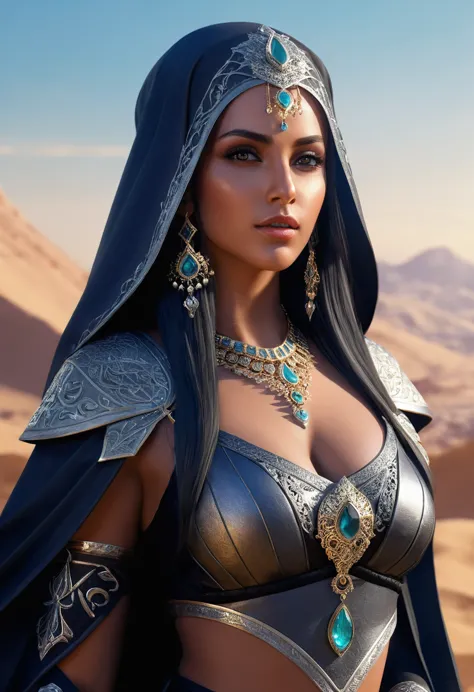 necromancer portrait full body arabian female, fantasy landscape , anime hiperrealism , high detail, amazing illustration, cinem...