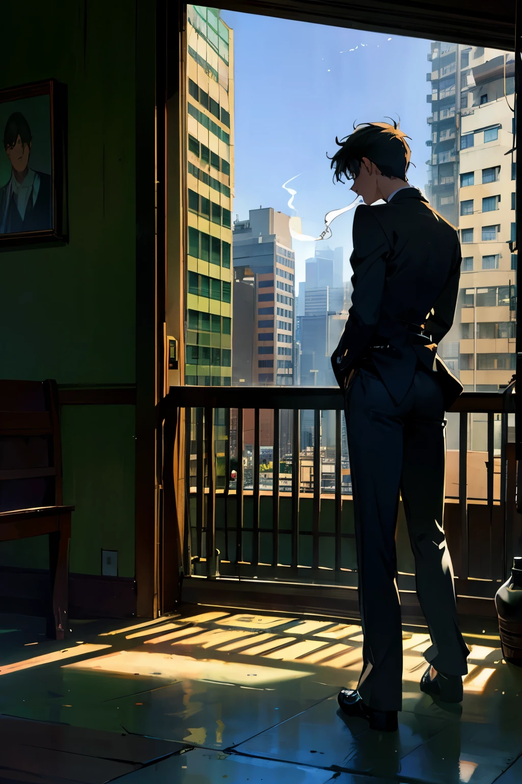 (best quality,ultra-detailed,realistic:1.37), humor,comic style,bold lines,high rise residential building, with wide angle lens, The room was bare, with no furniture or luggage, and the balcony had a balcony with silhouettes of buildings in the Shinjuku subcenter in the distance, and the afternoon sun was shining in through the windows. The room was bare, with no furniture or luggage, and the balcony had a balcony with silhouettes of buildings in the Shinjuku subcenter in the distance, and the afternoon sun was shining in through the windows. Two young men are smoking cigarettes and one is hugging the other from behind , humor,comic style,bold lines,Two young mens are smoking cigarettes and one is hugging the other from behind,modern gay romance, comic style,bold lines,playful colors,vibrant colors, soft lighting, depth of emotions, tender gazes, longing for connection, raw and honest, LGBTQ+ representation, urban setting, authentic expressions, compelling storytelling, dramatic composition,