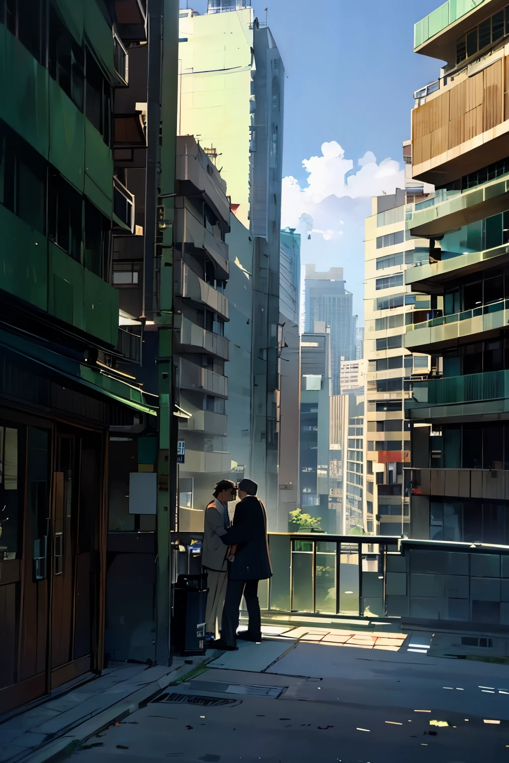 (best quality,ultra-detailed,realistic:1.37), humor,comic style,bold lines,high rise residential building, with wide angle lens, The room was bare, with no furniture or luggage, and the balcony had a balcony with silhouettes of buildings in the Shinjuku subcenter in the distance, and the afternoon sun was shining in through the windows. The room was bare, with no furniture or luggage, and the balcony had a balcony with silhouettes of buildings in the Shinjuku subcenter in the distance, and the afternoon sun was shining in through the windows. Two young men are smoking cigarettes and one is hugging the other from behind , humor,comic style,bold lines,