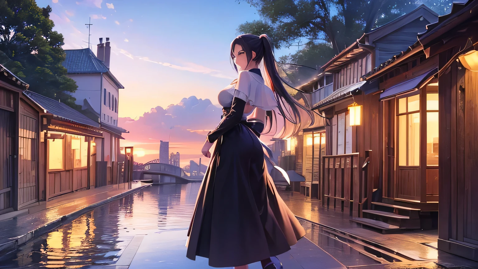 (8k, Photo brute, meilleure qualité, (chef-d&#39;œuvre, super haute qualité, Super détaillé), Carte de paysage de style anime, jeune fille, Absolu, voiles écarlates, fille regardant la mer depuis la côte, caméra regardant la mer, détails complexes, sailing ship with voiles écarlates, Une scène d&#39;un roman d&#39;Alexander Greene. "voiles écarlates" image de la moitié du corps, Une belle femme posant pour une photo dans une ruelle, queue de cheval marron, les coups, rire joyeux, Yeux bleus, corps maigre et musclé, anatomie parfaite, En regardant la caméra, Moment de la journée, ciel bleu, style animé, à l&#39;air libre, tendance dans ArtStation, Oh!, sakimichan très sensuel, avec vêtements originaux corps entier, très réaliste, extrêmement réaliste, extrêmement sexy, 8k, 8K extrêmement détaillé), (un extrêmement délicat et beau), (chef-d&#39;œuvre), (meilleure qualité: 1.0), (Ultra haute résolution:1.0)