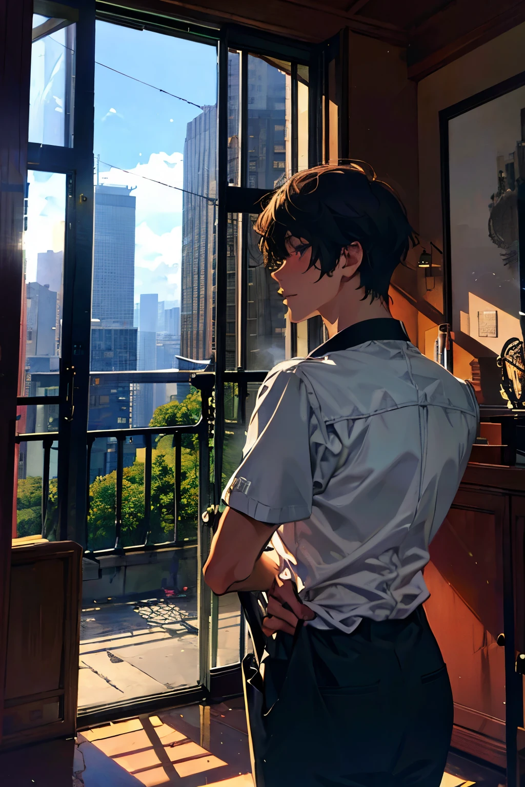 (best quality,ultra-detailed,realistic:1.37), humor,comic style,bold lines,high rise residential building, The room was bare, with no furniture or luggage, and the balcony had a balcony with silhouettes of buildings in the Shinjuku subcenter in the distance, and the afternoon sun was shining in through the windows. The room was bare, with no furniture or luggage, and the balcony had a balcony with silhouettes of buildings in the Shinjuku subcenter in the distance, and the afternoon sun was shining in through the windows. Two young mens are smoking cigarettes and one is hugging the other from behind , acrylic painting, humor,comic style,bold lines,