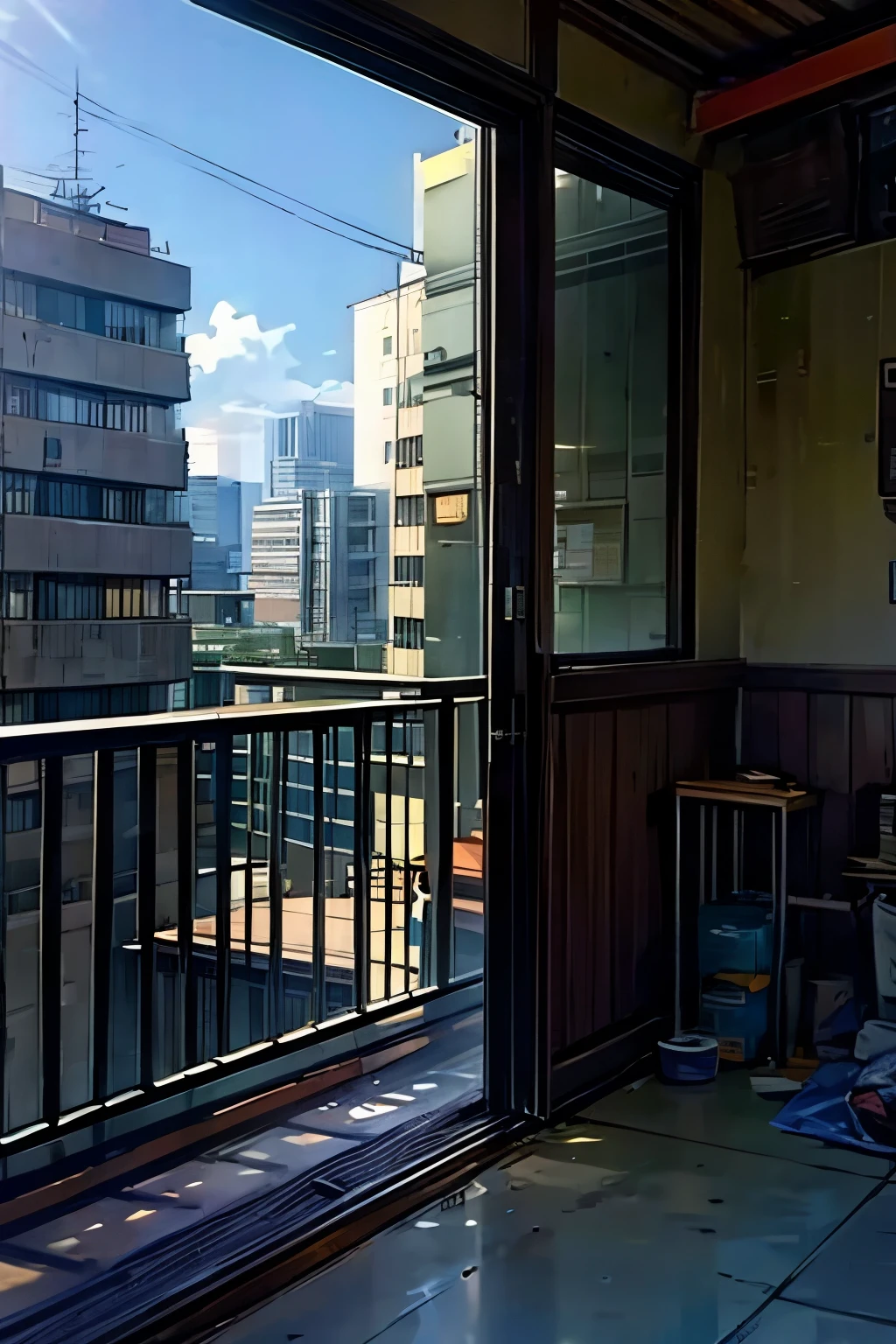 la habitacion estaba desnuda, sin muebles ni equipaje, y el balcón tenía un balcón con siluetas de edificios en el subcentro de Shinjuku a lo lejos, y el sol de la tarde brillaba por las ventanas.