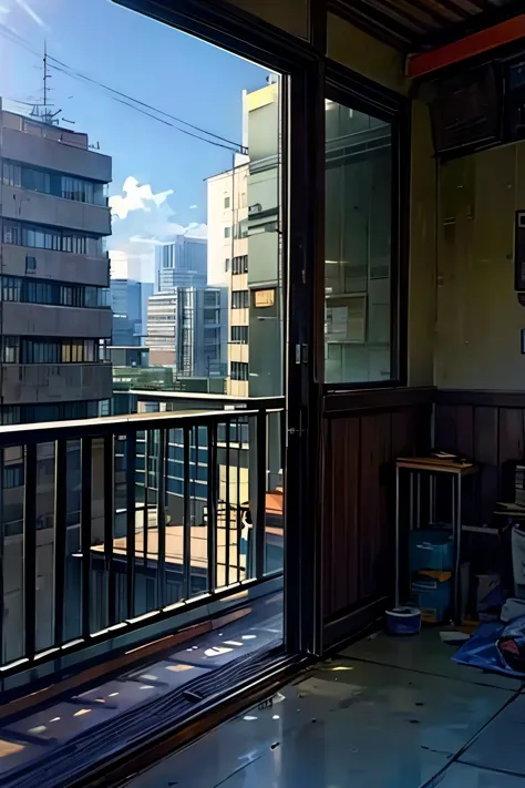 The room was bare, with no furniture or luggage, and the balcony had a balcony with silhouettes of buildings in the Shinjuku sub...