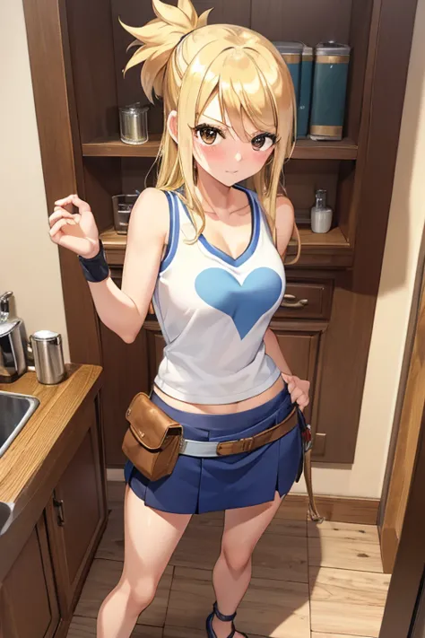 (masterpiece, best quality:1.2), solo, 1girl, lucy heartfilia, blushing, looking at viewer, arms behind back, blue sleeveless sh...