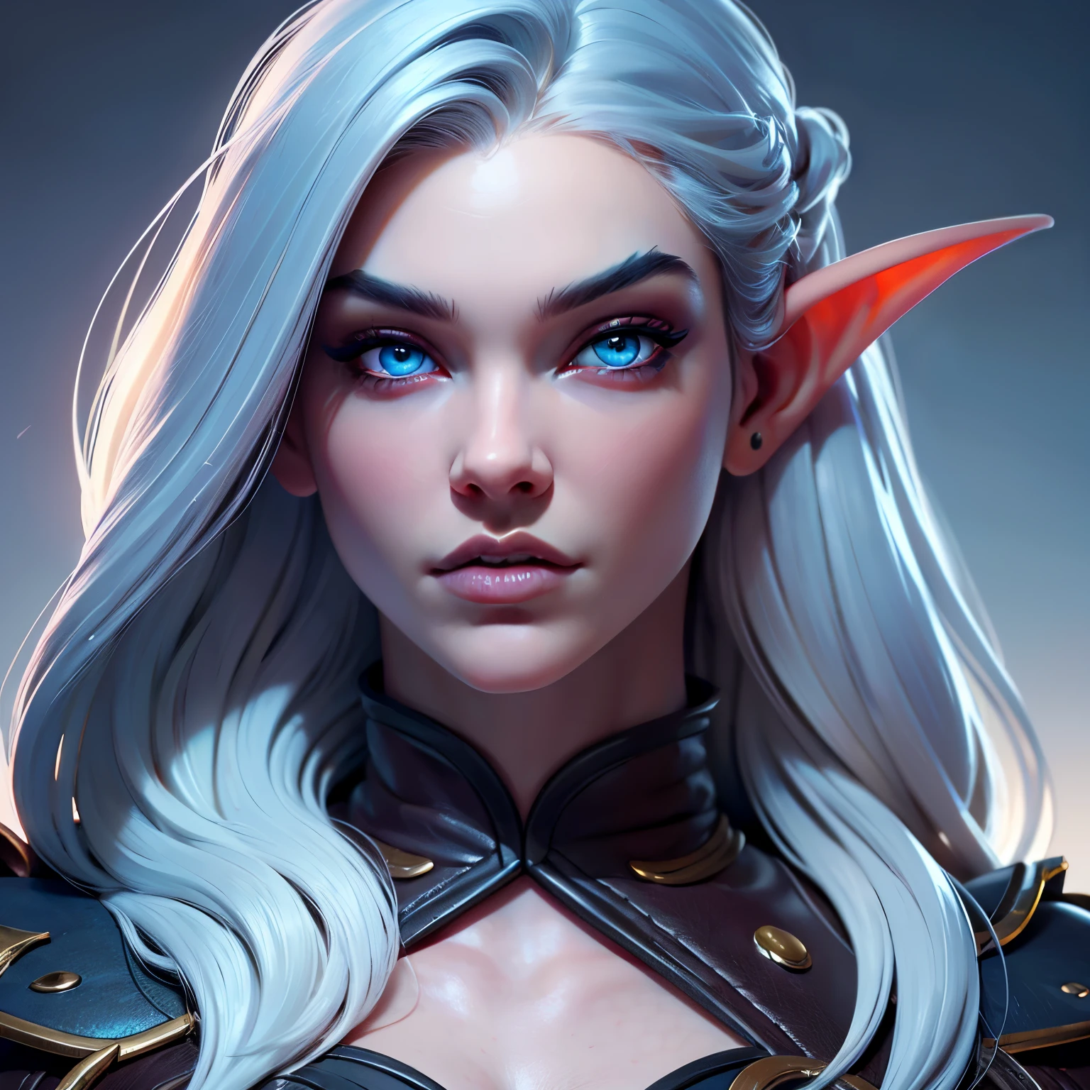 beautiful portait of night_elf female in her 20s with fit body , perfect face feature ,(pale blueish skin:1.5) (blunt bob hair), (silver hair color), (blue eyes color), thick kissable lips , thin nose ,pointy ears, (shenelf)