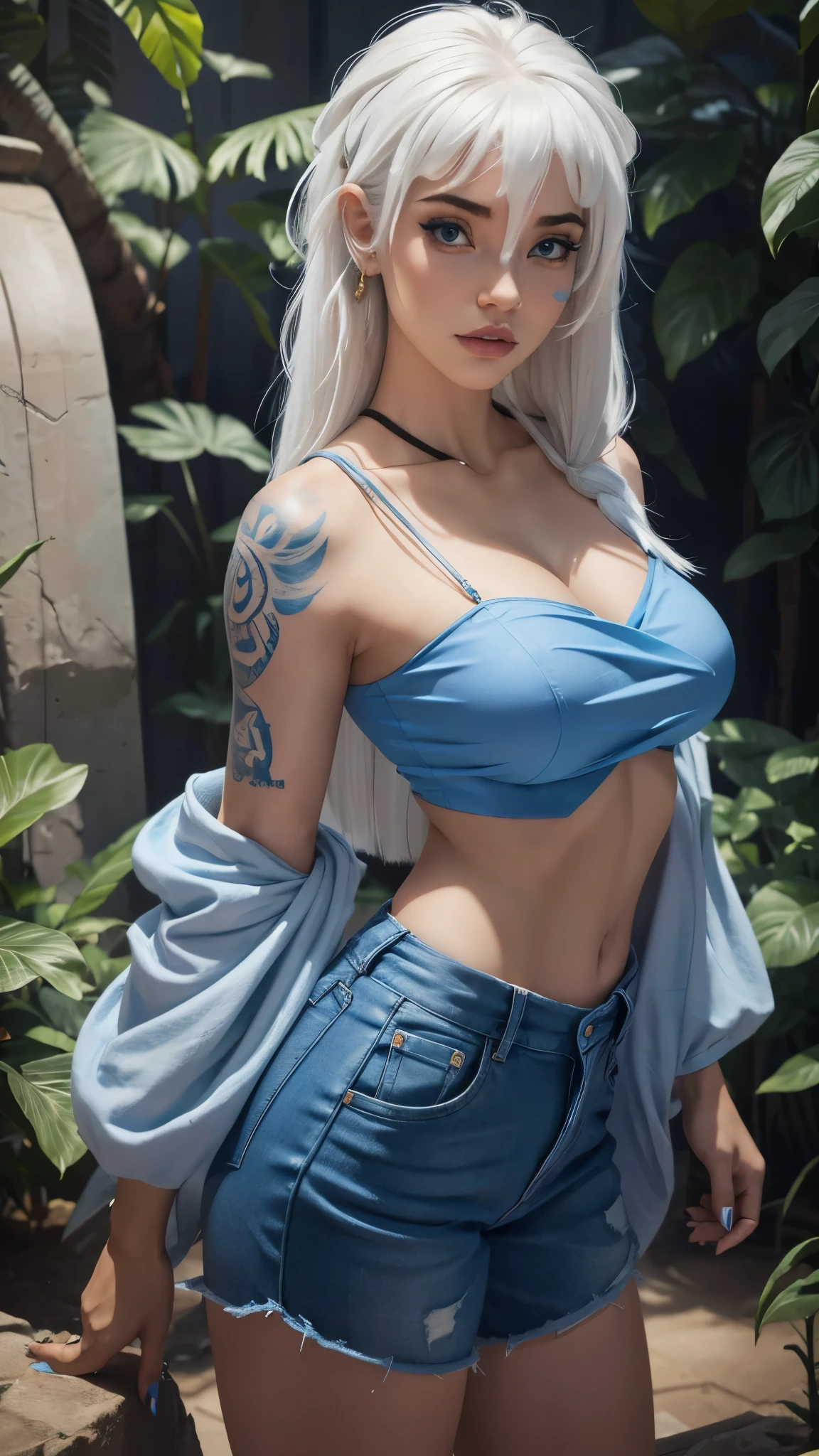 Kida disney, white hair. low-cut and fitted blue clothes. Tattoos. Busty.  Front pose.  Low cut blouse. 