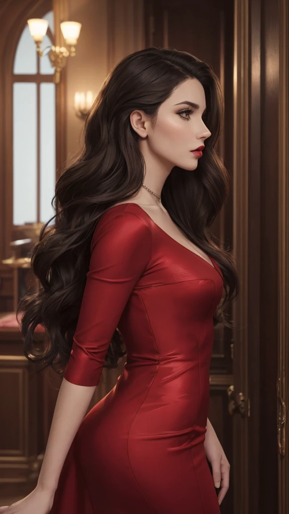 Side profile,masterpiece, top quality, 8K, real person, realistic, very dense CG shiny skin, fully focused, radiant, beautiful wavy long hy, seductive look,red lips,bold and majestic look,, wearing a sexy red dress, stylish design, mesmerizing look,bold and majestic look, Background England, beautiful and elegant lady