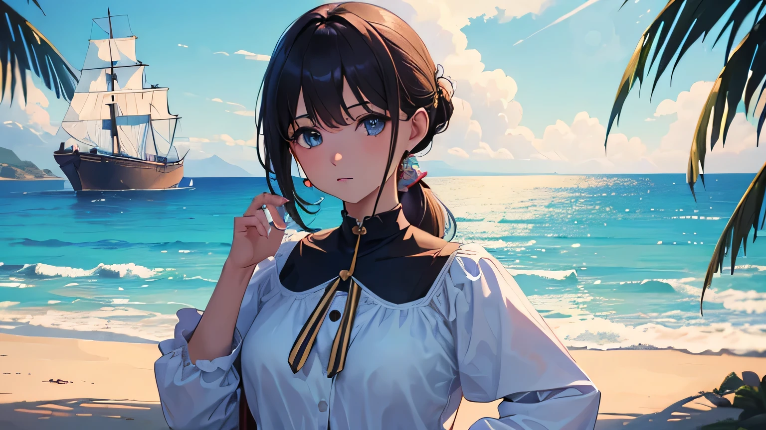 (8k, Photo brute, meilleure qualité, (chef-d&#39;œuvre, super haute qualité, Super détaillé), Carte de paysage de style anime, jeune fille, Absolu, voiles écarlates, fille regardant la mer depuis la côte, caméra regardant la mer, détails complexes, sailing ship with voiles écarlates, Une belle femme posant pour une photo dans une ruelle, queue de cheval marron, les coups, rire joyeux, Yeux bleus, corps maigre et musclé, anatomie parfaite, En regardant la caméra, Moment de la journée, ciel bleu, style animé, à l&#39;air libre, tendance dans ArtStation, Oh!, sakimichan très sensuel, avec vêtements originaux corps entier, très réaliste, extrêmement réaliste, extrêmement sexy, 8k, 8K extrêmement détaillé), (un extrêmement délicat et beau), (chef-d&#39;œuvre), (meilleure qualité: 1.0), (Ultra haute résolution:1.0)