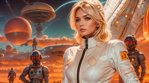 arafed image of a white woman in a futuristic suit with a spaceship in the background, movie art, in front of an orange backgrou...