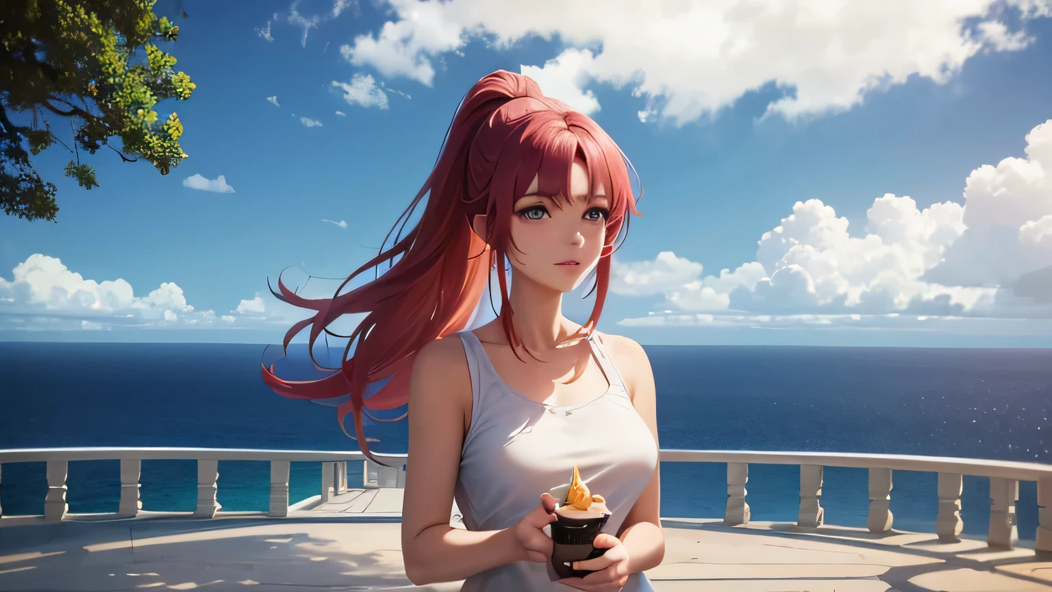 (8k, RAW photo, Best Quality, (masterpiece, super high quality, Super detailed), Anime style landscape map, young girl, Absolute, scarlet sails, girl looking at the sea from the coast, camera looking at the sea, intricate details, sailing ship with scarlet sails, A scene from a novel by Alexander Greene. "scarlet sails" half body image, A beautiful women posing for a photograph in an alley, brown ponytail, hits, happy laugh, blue eyes, muscular lean body, Perfect anatomy, Looking to the camera, Time of the day, blue sky, animated style, outdoor, trend in artstation, Oh!, very sensual sakimichan, with original clothing full body, very realistic, extremely realistic, extremely sexy, 8k, Extremely detailed 8k), (an extremely delicate and beautiful), (masterpiece), (Best Quality: 1.0), (ultra high resolution:1.0)