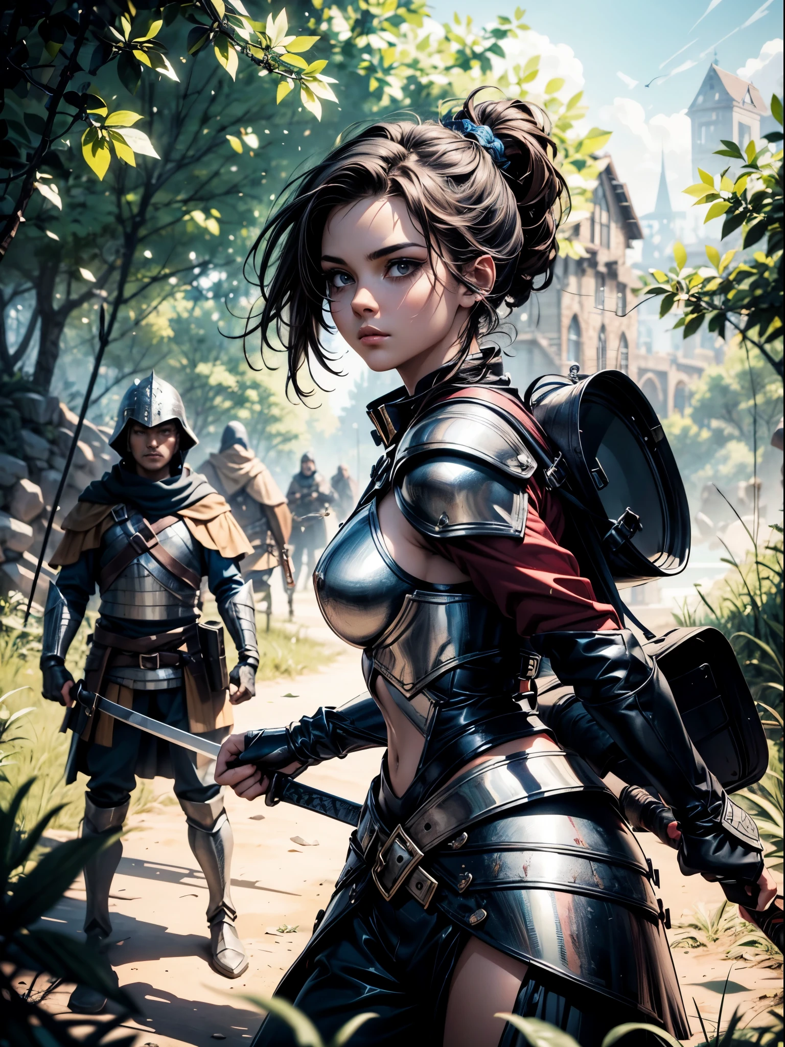 A young girl in leather armor armor with a sword (((is fighting))) ((two bandits in a clearing)) near a river, she is terrifief and exhausted, epic medieval movie scene, dutch angle, 1girl, from side, (Masterpiece, Excellent, complex details, color difference), realism, dynamic scene, RAW photography, top-quality, A high resolution, realism, dynamic scene, depth of fields, full body shot, highly detailed girl, highly detailed face,