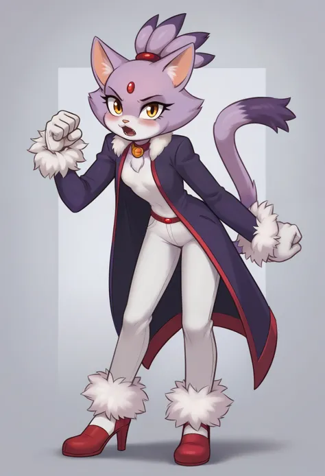 Blaze the cat, mouth open, 1girl, gloves, forehead_jewel, fur-trimmed_gloves, furry_female, solo, furry, animal_ears, simple_background, yellow_eyes, fur_trim, topknot, tail, high_heels, cat_girl, white_gloves, cat_ears, cat_tail, standing, full_body, flat...