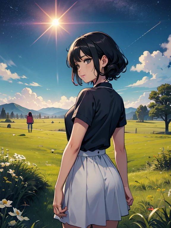 Madoka Ayukawa, Hair in the air, Rear view, look at the sun, 空にはuniverse船がある, three suns, Black Hair Girl, 12-year-old girl, stand in the grassland, landscape, universe, 8k, Super Detail