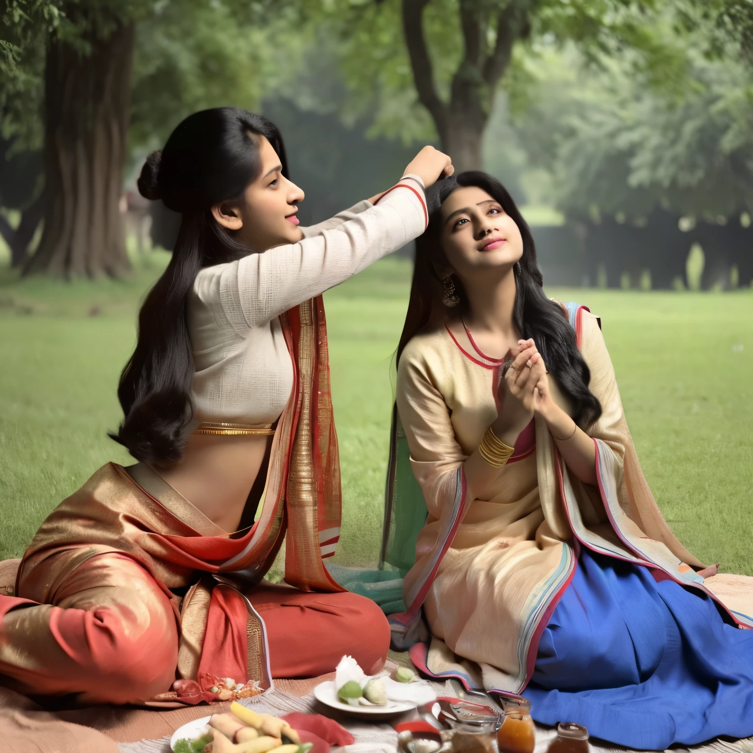 Two women sitting on a blanket in a park having a picnic - SeaArt AI