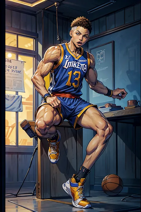 stephen curry, nba player, full body, anime style: masterpiece, best quality, 4k, anime rendition, stephen curry:1.2, nba star, ...