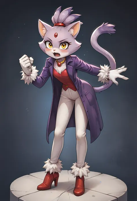 Blaze the cat, mouth open, 1girl, gloves, forehead_jewel, fur-trimmed_gloves, furry_female, solo, furry, animal_ears, simple_background, yellow_eyes, fur_trim, topknot, tail, high_heels, cat_girl, white_gloves, cat_ears, cat_tail, standing, full_body, flat...