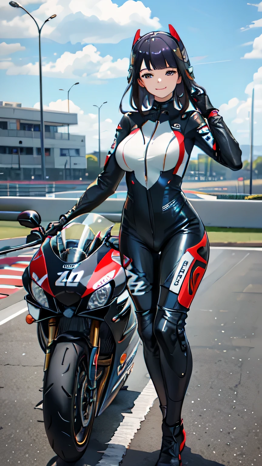 masterpiece, best quality, detailed,Perfect Anatomy,Raiden shogun genshin impact, Beautiful white skin ,long purple braided hair, hime cut bangs,puple eyes,slim,adult, ,1woman,Beautiful well-rounded face, drooping eyes,pointy high nose,smile,nose bridge, whole body,
Motorcycle Racers,shiny black leather racing suit,
Helmet in hand,
circuit,motorcycle race,In front of a racing motorcycle,