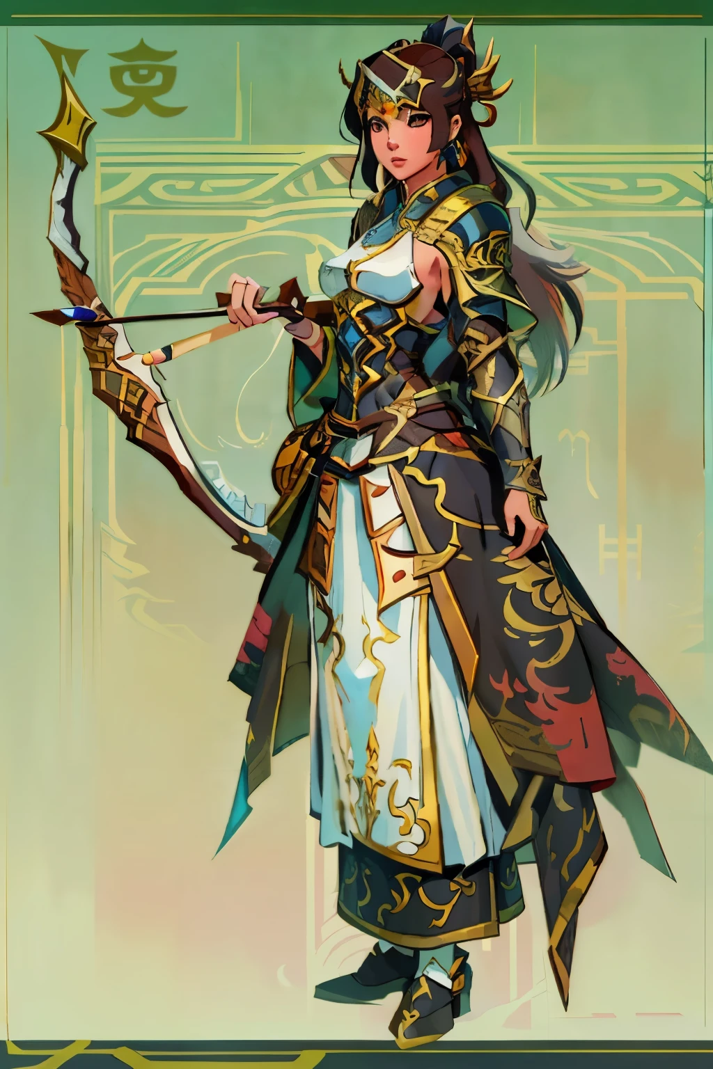 a close up of an arabian woman in her 30's, with brown eyes and brown hair, wearing a black and tan arabian clothes, a heroine with brown eyes, holding a bow and arrow, female archer with bow and arrow, standing in an arabian temple, new costume concept design, in the style of blade and soul, full body character concept, detailed character design, inspired by Yang Jin, inspired by Li Mei-Shu, chinese costume, inspired by Lan Ying, inspired by Sim Sa-Jeong, inspired by Li Tang, lunar themed attire, costume with gold accents, inspired by Ju Lian, colored concept art, highly detailed character design, highly detailed face, inspired by Ai Xuan, very highly detailed face, unreal engine render, final fantasy 14 style, inspired by Leng Mei