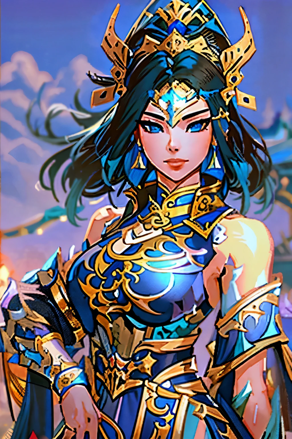 a close up of a short woman in her 30's, with blue eyes and ocean blue hair, wearing a blue and black gown dress, a chinese empress with blue eyes, female swordswoman, chinese princess, standing in a chinese temple, new costume concept design, in the style of blade and soul, full body character concept, detailed character design, inspired by Yang Jin, inspired by Li Mei-Shu, lunar themed attire, costume with gold accents, inspired by Ju Lian, colored concept art, highly detailed character design, highly detailed face, inspired by Ai Xuan, very highly detailed face, unreal engine render, final fantasy 14 style