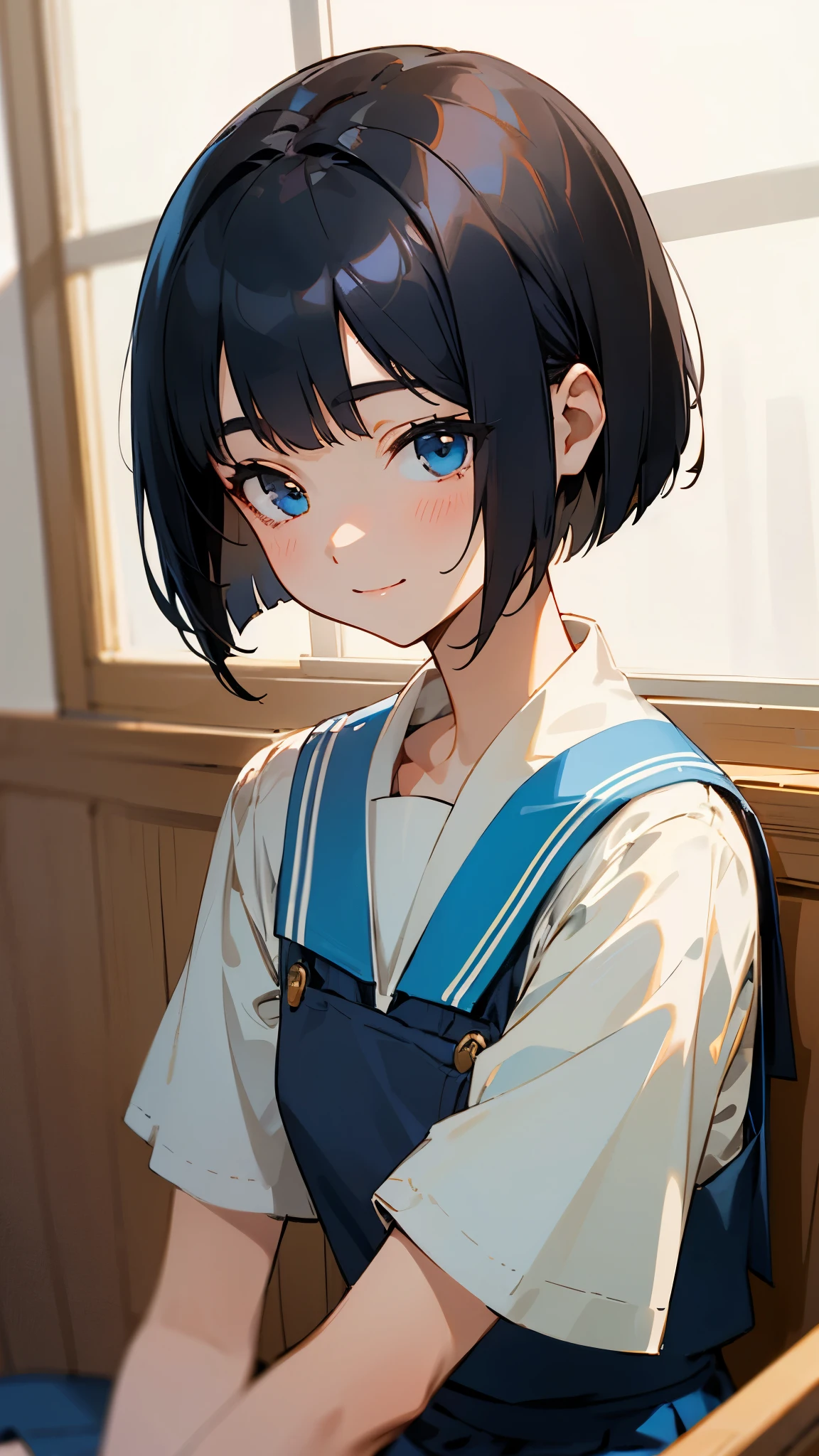 1 Girl、Shiny black hair、Short bob cut、gentle and calm expression、Delicate portrait、Student uniform、Sitting、Upper body close-up、smile、Blue Skirt、indoor
