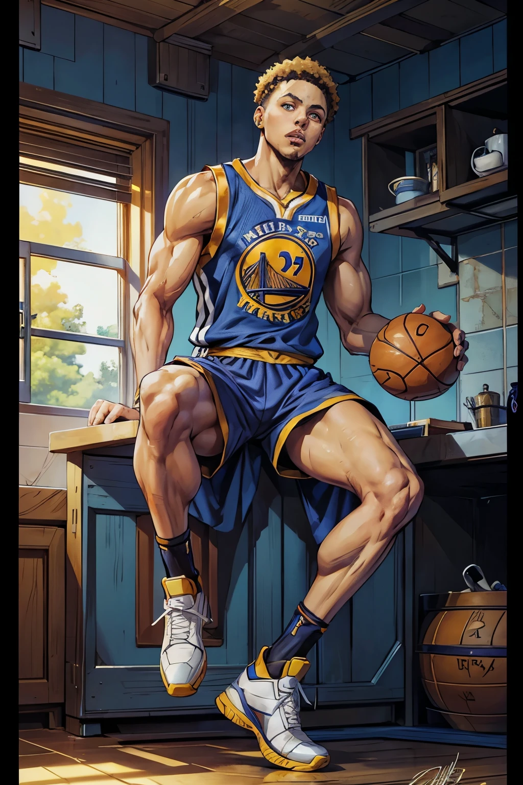 Stephen Curry, NBA player, full body, anime style: Masterpiece, best quality, 4K, anime rendition, Stephen Curry:1.2, NBA star, basketball player, muscular physique, anime character:1.2, Anime Stephen Curry, detailed body, chiseled muscles, dynamic pose:1.2, Detailed facial features, piercing gaze, anime-inspired expression:1.2, Sharp features, hyperrealistic eyes, expressive eyebrows:1.2, Authentic "Golden State Warriors" jersey, Basketball shorts, anime style clothing:1.2, Anime Curry, signature sneakers, fluid movement, 
