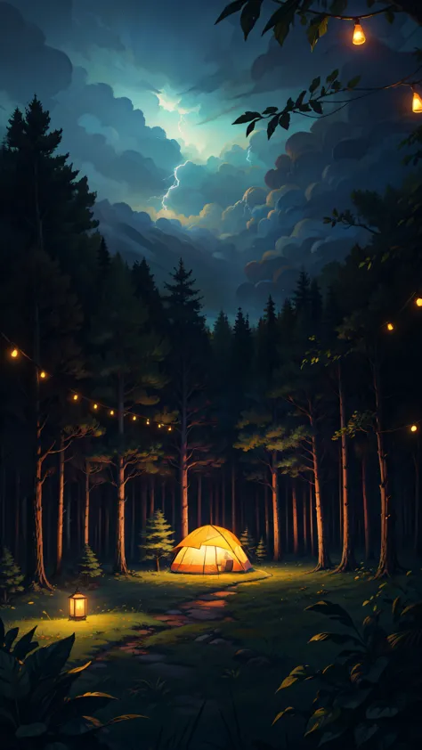 wide view, swiss tent in jungle, carpet, string lights, lightning in sky, night light, cloudy sky, pine trees, calm, silence, mo...
