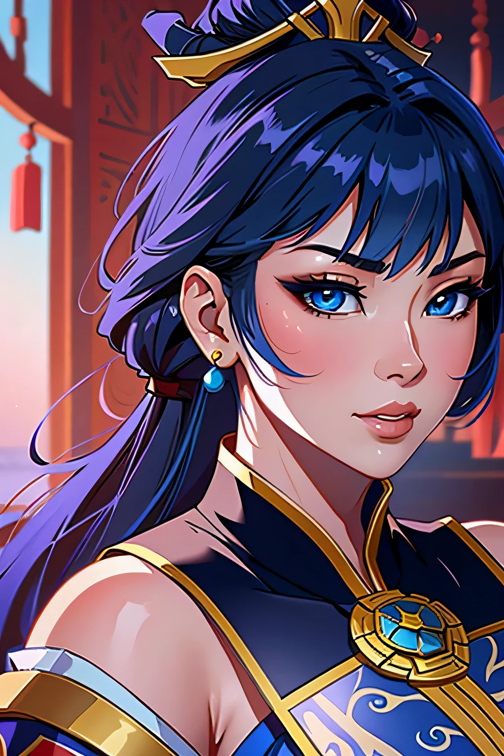 a close up of a short woman in her 30's, with blue eyes and ocean blue hair, wearing a blue and black gown dress, a chinese empress with blue eyes, female swordswoman, chinese princess, standing in a chinese temple, new costume concept design, in the style of blade and soul, full body character concept, detailed character design, inspired by Yang Jin, inspired by Li Mei-Shu, lunar themed attire, costume with gold accents, inspired by Ju Lian, colored concept art, highly detailed character design, highly detailed face, inspired by Ai Xuan, very highly detailed face, unreal engine render, final fantasy 14 style