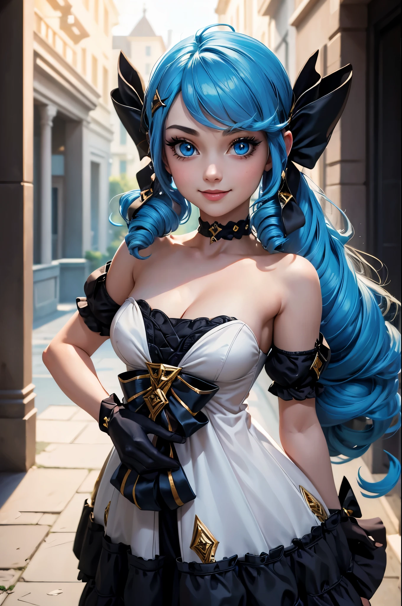 (masterpiece, best quality:1.2), expressive eyes, perfect face, highres, 1girl, solo, black bow, black gloves, black legwear, blue eyes, blue hair, bow, collarbone, dress, drill hair, frilled dress, frills, gloves, gwen \(league of legends\), hair ornament, league of legends, long hair, puffy sleeves, pink pupils, white dress, x, x hair ornament, smiling, waving, standing, cowboy shot, looking at the viewer