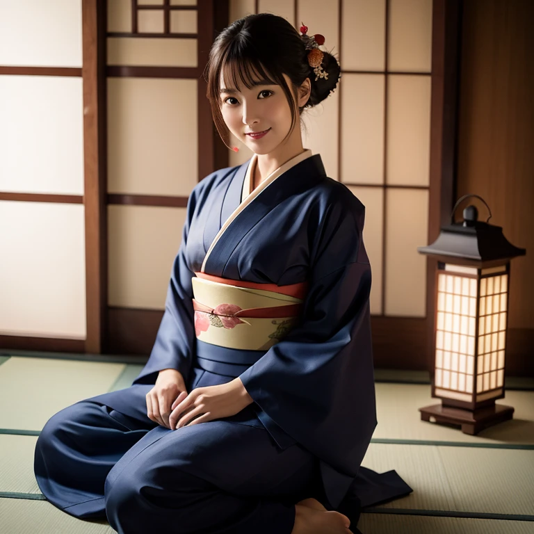 逼真的照片, 一个可爱的日本女孩、日本的奢华(藏青色和服:1.2)穿着、谦虚地面向外坐着, 美丽的花卉图案和服, 当你进入优雅的房间时、在一个大空间的中心　The beautiful woman wearing a high-质量 crimson kimono sash captures her entire body in a very attractive and realistic way., 她意识到、对我露出诱人的笑容, 被她可爱性感的红脸迷住的瞬间, 影响// ((全身照:1.5,) 日之丸作文:1.5,) ((抬起你的目光:1.0,)) 明暗对比, (灯笼的柔和光芒), 柔和的光线和阴影, 空中透视, 质量// (((最高质量, 16千, RAW 照片,)))