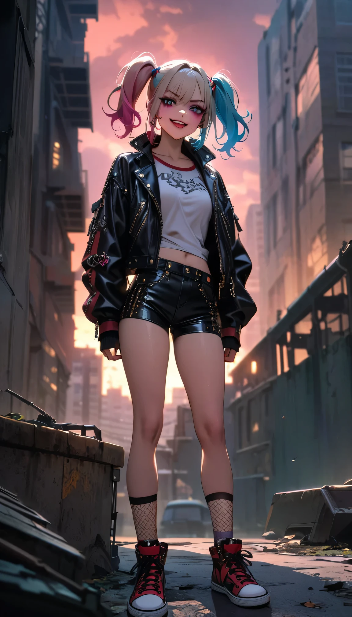 (masterpiece:1.3), (best movie quality:1.2), (medium：cartoon), (best quality),Harley Quinn standing Standing on the Rooftop of a city building,Dark and dramatic atmosphere,focus blur,city skyline in background,Dark clouds gather overhead,Vibrant and contrasting colors,ominous lighting,Red and black embellishments,Eye makeup smudge,Weird and naughty expression,Smiling threateningly,Abandoned buildings,wind blown hair,Leather jacket and shorts,Fishnet socks,Colorful double ponytail,Punk fashion,The air is filled with secrets and mysteries.