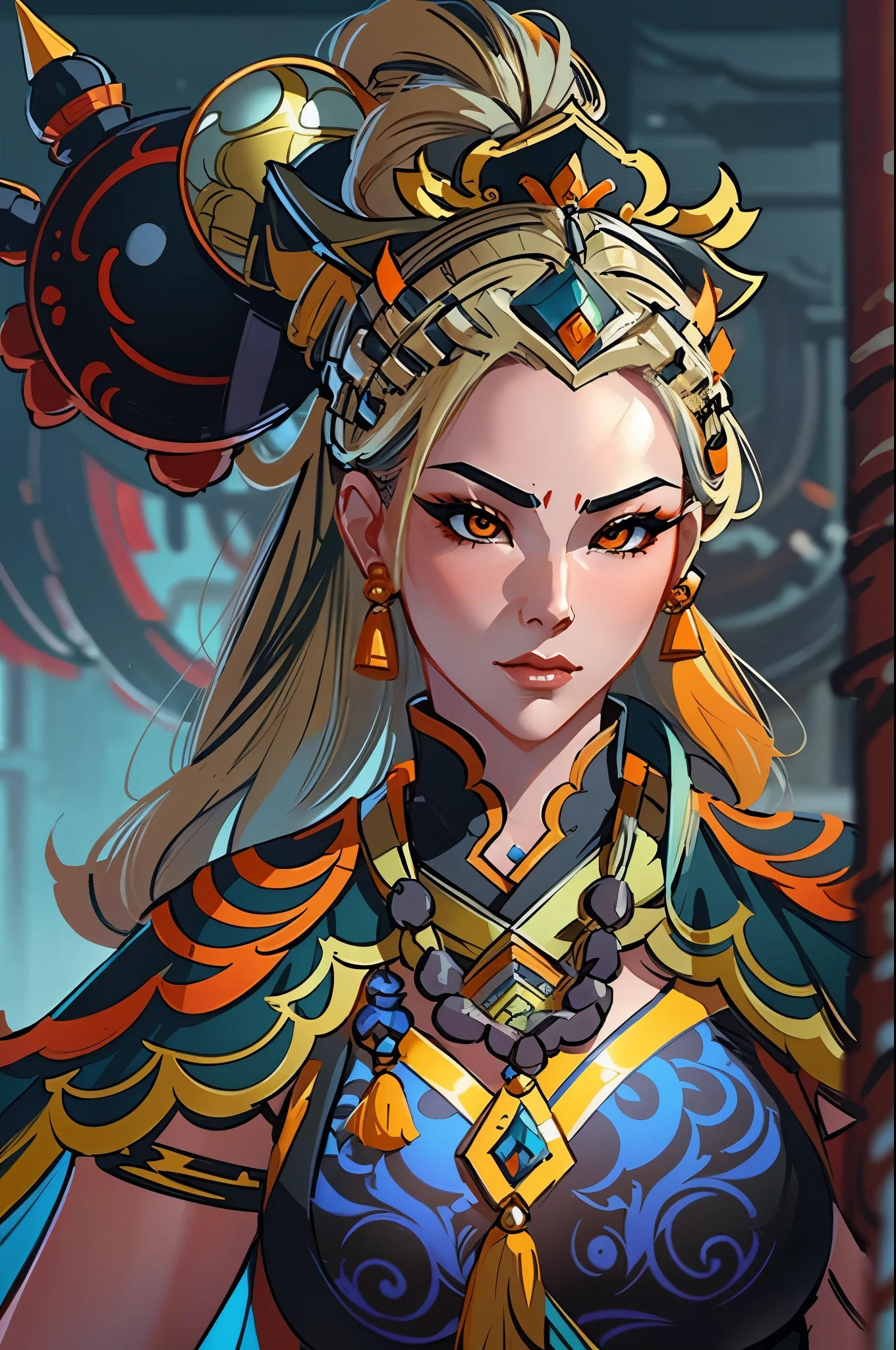 a close up of a strong amazon woman in her 30's, with orange eyes and blonde hair, wearing a black and orange ball gown dress, a heroine with orange eyes, martial artist holding polearm, standing in a chinese temple, new costume concept design, in the style of blade and soul, full body character concept, detailed character design, inspired by Yang Jin, inspired by Li Mei-Shu, chinese costume, inspired by Lan Ying, inspired by Sim Sa-Jeong, inspired by Li Tang, lunar themed attire, costume with orange accents, inspired by Ju Lian, colored concept art, highly detailed character design, highly detailed face, inspired by Ai Xuan, very highly detailed face, unreal engine render, final fantasy 14 style, inspired by Leng Mei