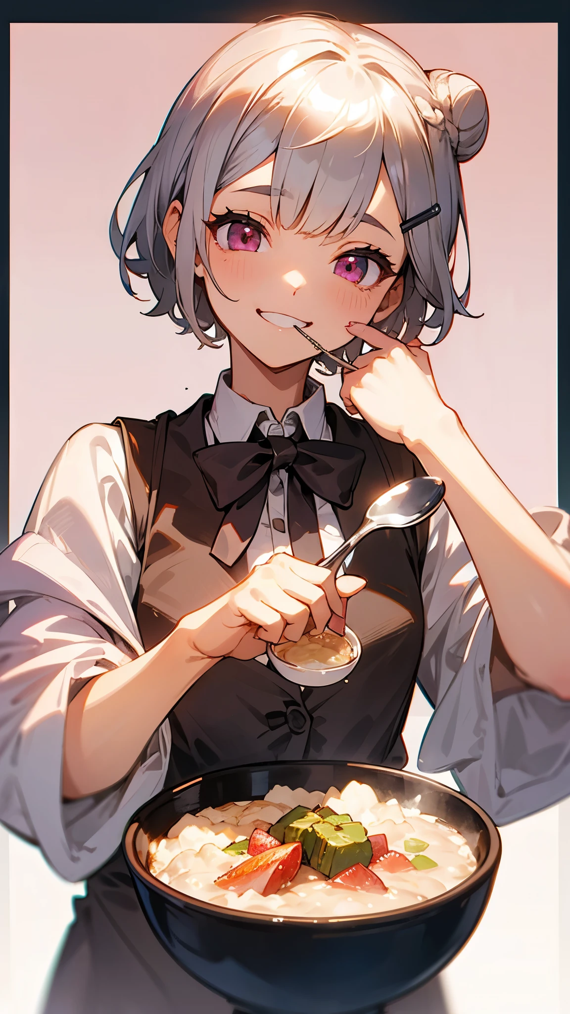 (highest quality,High resolution,Very detailed),eat porridge, Short silver bob hair tied in a bun with a hair clip, Pink Eyes、spoon, Grin、Background blur, Depth of written border