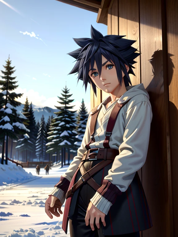 ((ultra detallado, Obra maestra, absurdos))
 KHSora, 1 chico, solo, By the chestnut, blue eyes, pelo de punta, ski lodge, ambiente invernal, standing with snow covered trees, cozy sweater, warm charm