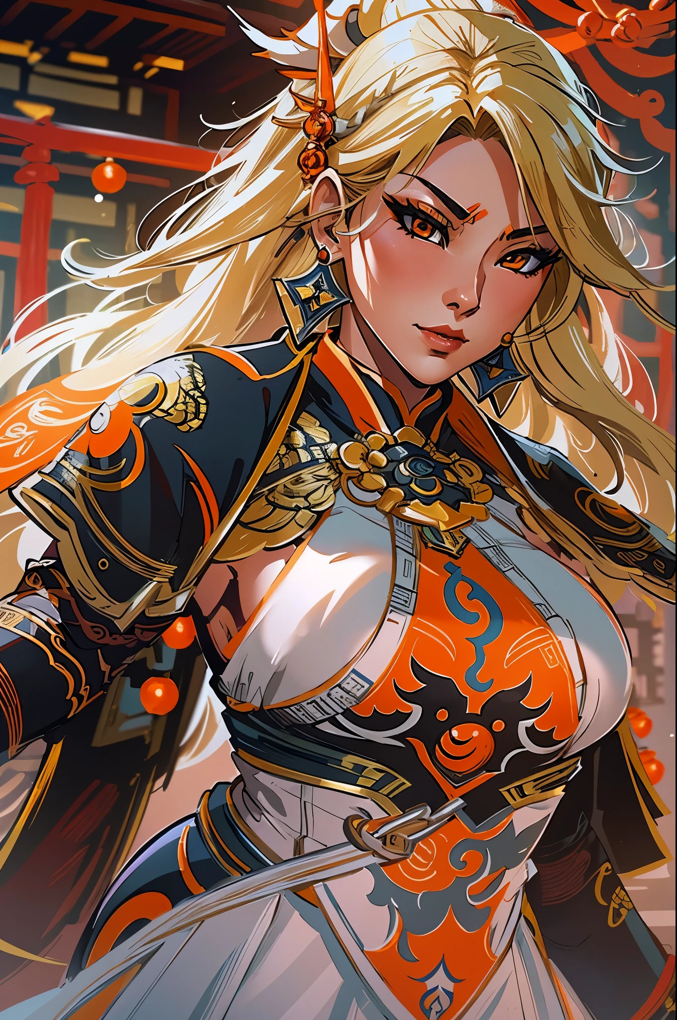 a close up of a strong amazon woman in her 30's, with orange eyes and blonde hair, wearing a black and orange ball gown dress, a heroine with orange eyes, martial artist holding polearm, standing in a chinese temple, new costume concept design, in the style of blade and soul, full body character concept, detailed character design, inspired by Yang Jin, inspired by Li Mei-Shu, chinese costume, inspired by Lan Ying, inspired by Sim Sa-Jeong, inspired by Li Tang, lunar themed attire, costume with orange accents, inspired by Ju Lian, colored concept art, highly detailed character design, highly detailed face, inspired by Ai Xuan, very highly detailed face, unreal engine render, final fantasy 14 style, inspired by Leng Mei