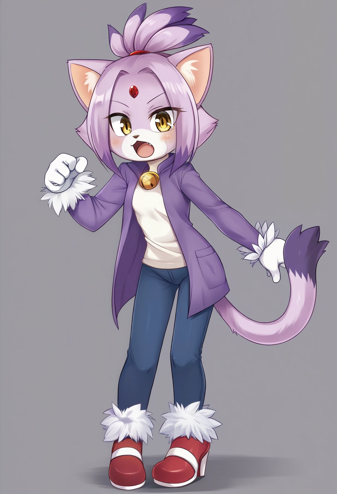 Blaze the cat, mouth open, 1girl, gloves, forehead_jewel, fur - SeaArt AI