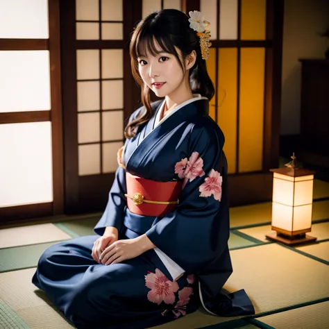 realistic photos, a cute japanese girl、japanese luxury(navy blue kimono:1.2)wearing、sitting modestly facing outward, beautiful f...