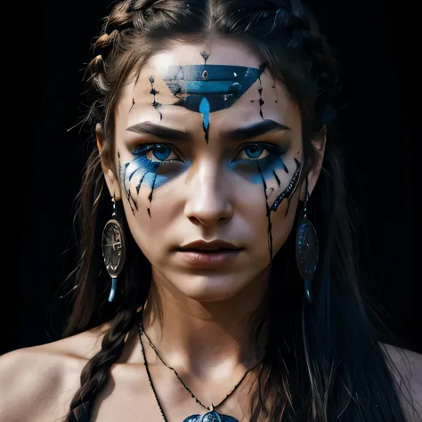 a close up of a woman with a face paint and a necklace