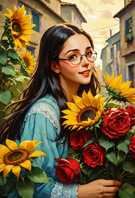 A beautiful with long black hair, wearing glasses and smiling, holding a bouquet of sunflowers and red roses. The vibrant colors...