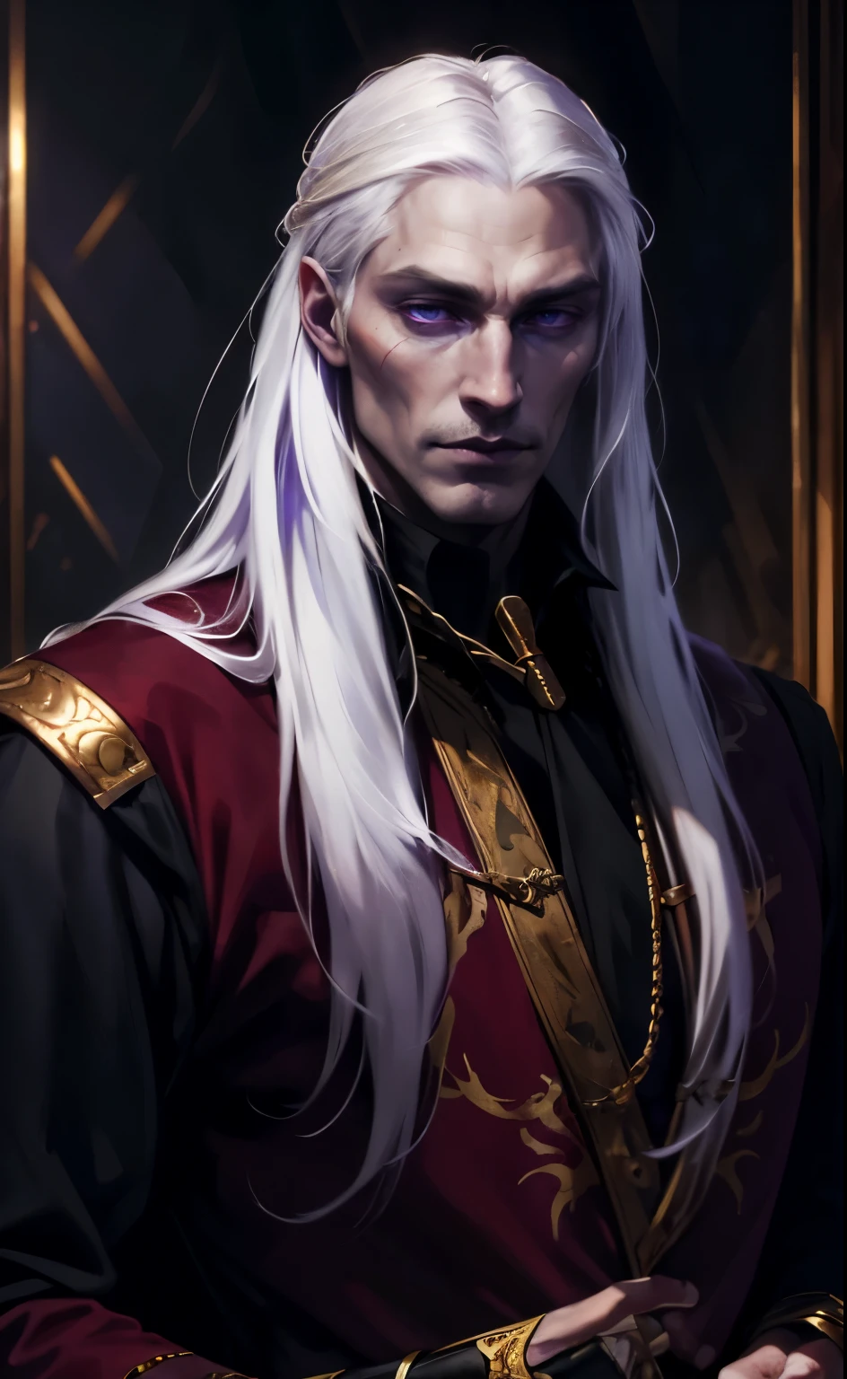 Dark Fantasy, Middle Ages, Targaryen, prince, man, with long straight white hair, pale skin, purple eyes, scar on nose, strong build, black lips, face looks like Luke Goss, in a red doublet with gold buckles.