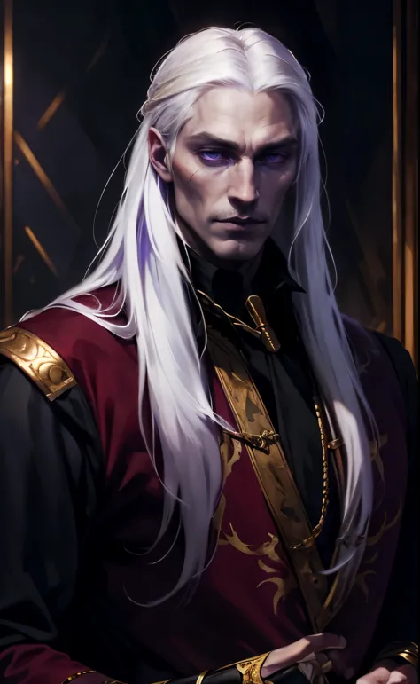 Dark Fantasy, Middle Ages, Targaryen, prince, man, with long straight white hair, pale skin, purple eyes, scar on nose, strong b...