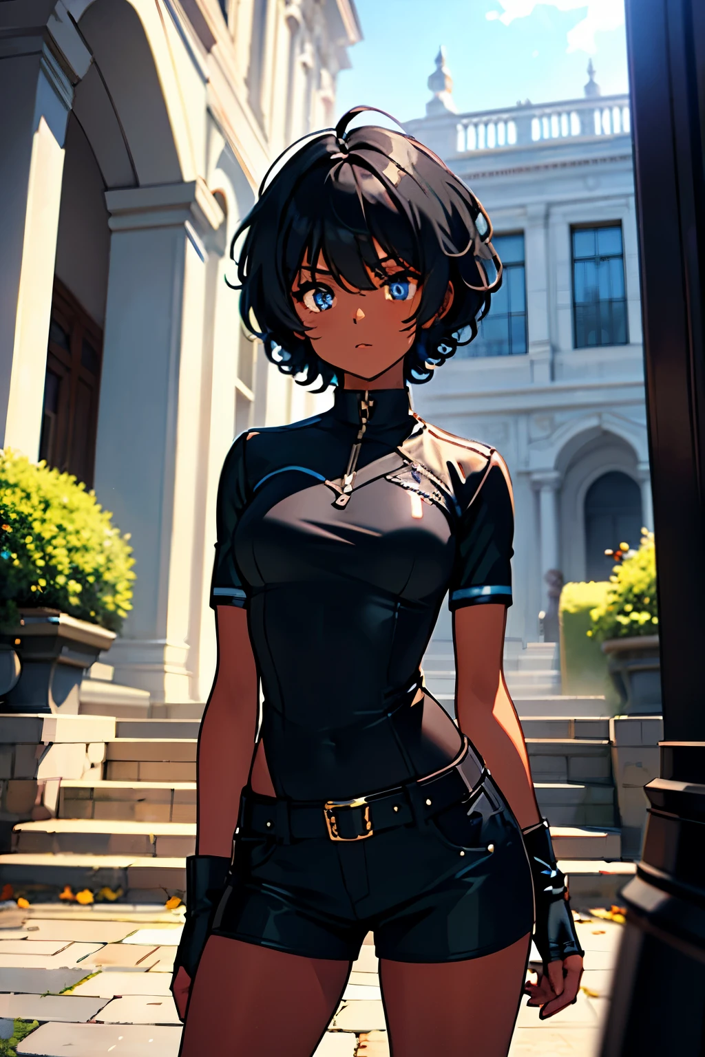 fille, peau sombre, yeux bleus, cheveux noirs courts et bouclés, Shorts noirs, Chemise noire moulante, tenue de combat, dans une cour.