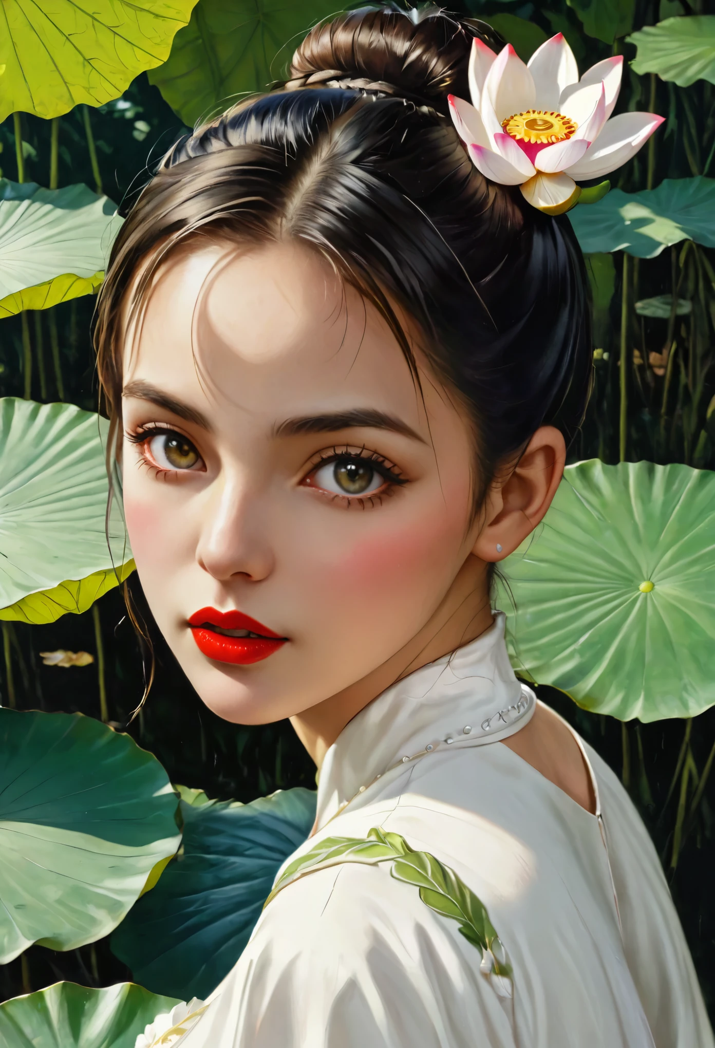 (best quality,4k,8k,highres,masterpiece:1.2),ultra-detailed,(realistic,photorealistic,photo-realistic:1.37),beautiful detailed eyes,beautiful detailed lips,extremely detailed eyes and face,long eyelashes,1girl,white skirt,black hair,bun,red lips,solo,giant lotus leaf,dress,long sleeve,looking at the audience,leaves,sitting