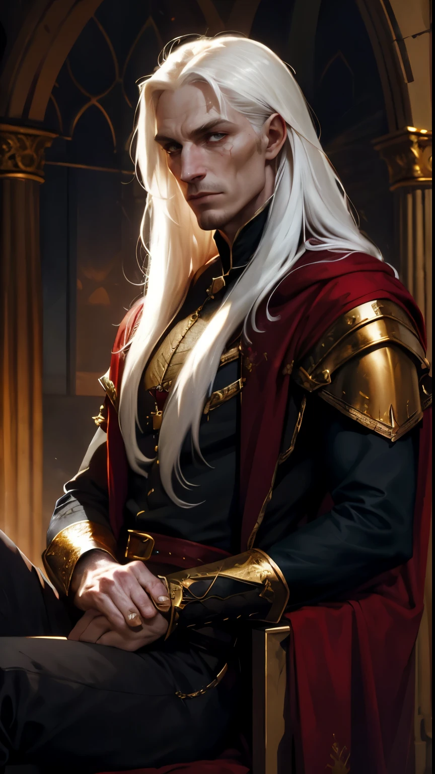 Dark fantasy, Middle Ages, Targaryen, prince, man, with long straight white hair, pale skin, scar on nose, strong build, face similar to Luke Goss, in a red doublet with gold buckles, imperious pose, hd
